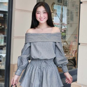 Đầm sọc bẹt vai smocking eo