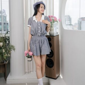 Đầm mini sọc cổ phối smocking eo